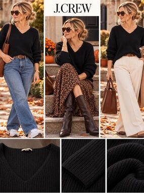 J. Crew Heavyweight Black Ribbed V-Neck Cashmere Sweater XL